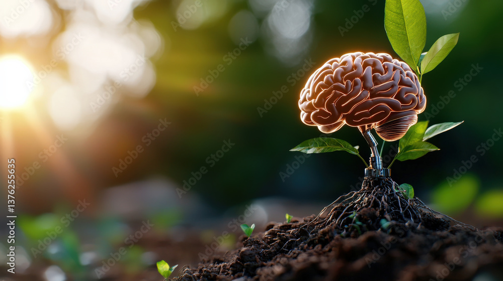 Poster glowing brain emerges from mechanical tree base, symbolizing fusion of nature and technology. Sunlight filters through leaves, creating serene and futuristic atmosphere