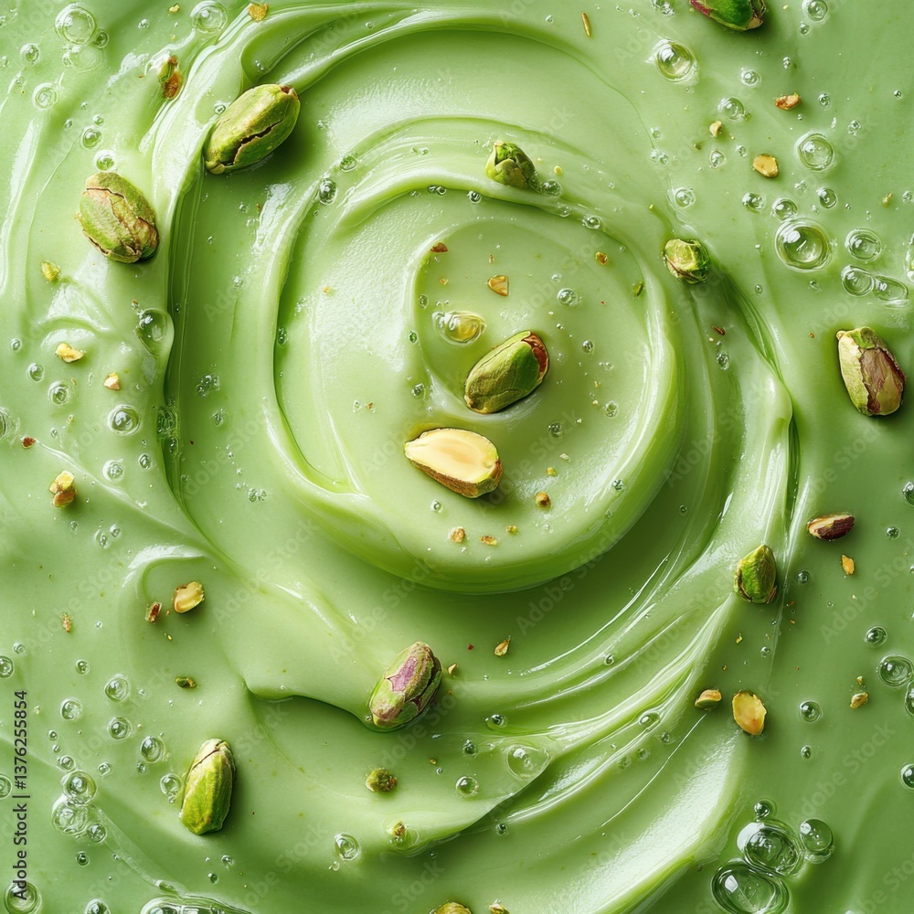 Poster a vibrant green swirl of creamy texture topped with scattered pistachios, creating an appetizing and