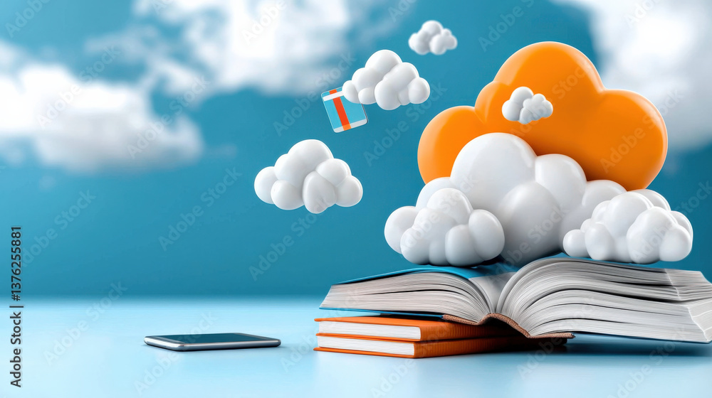 Aufkleber open book with floating cloud icons and smartphone symbolizes online education and digital learning.