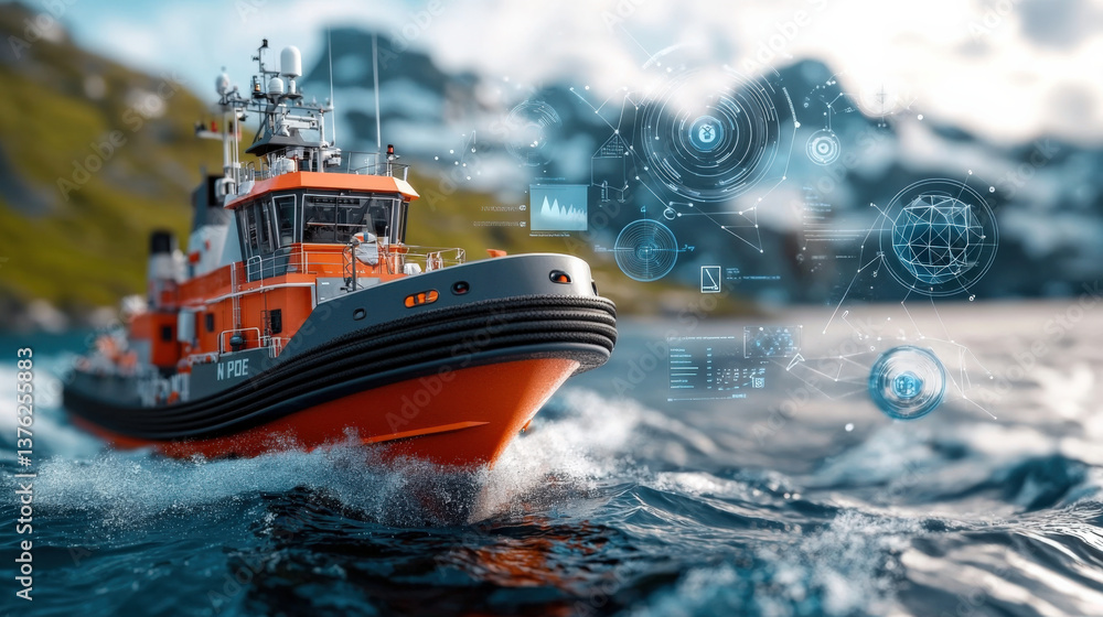 Poster vibrant orange ocean vessel navigates through dynamic waves, surrounded by floating digital data graphs and symbols, set against backdrop of blurred mountains