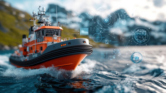 vibrant orange ocean vessel navigates through dynamic waves, surrounded by floating digital data graphs and symbols, set against backdrop of blurred mountains - Powered by Adobe
