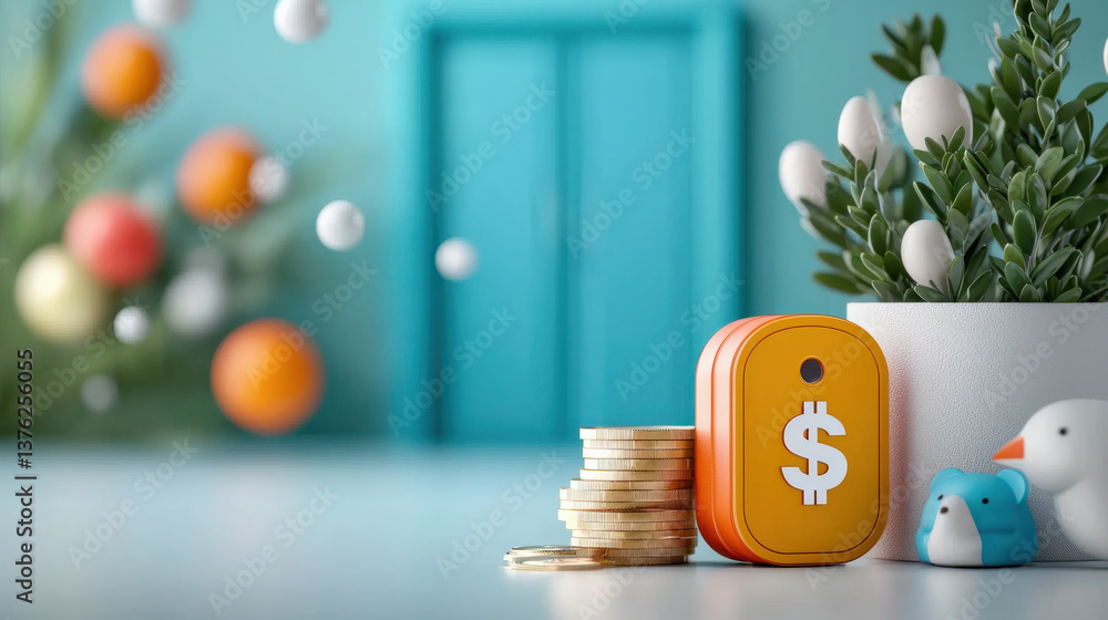 Aufkleber stack of coins and digital payment device with dollar sign are placed on table, surrounded by decora