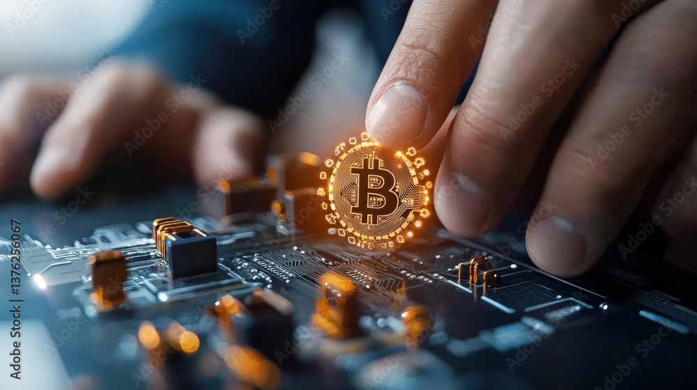 Aufkleber hand holding glowing Bitcoin symbol over circuit board, representing concept of cryptocurrency and blockchain technology in digital financial context