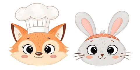 Cute cartoon fox in a chef's hat and a rabbit in a polka dot headband. Cute animal faces on a white background.