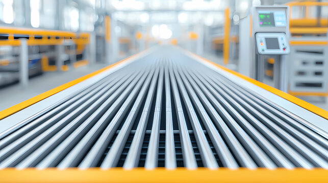 A close-up view of a conveyor system featuring parallel metal rods, set in a bright, industrial environment.