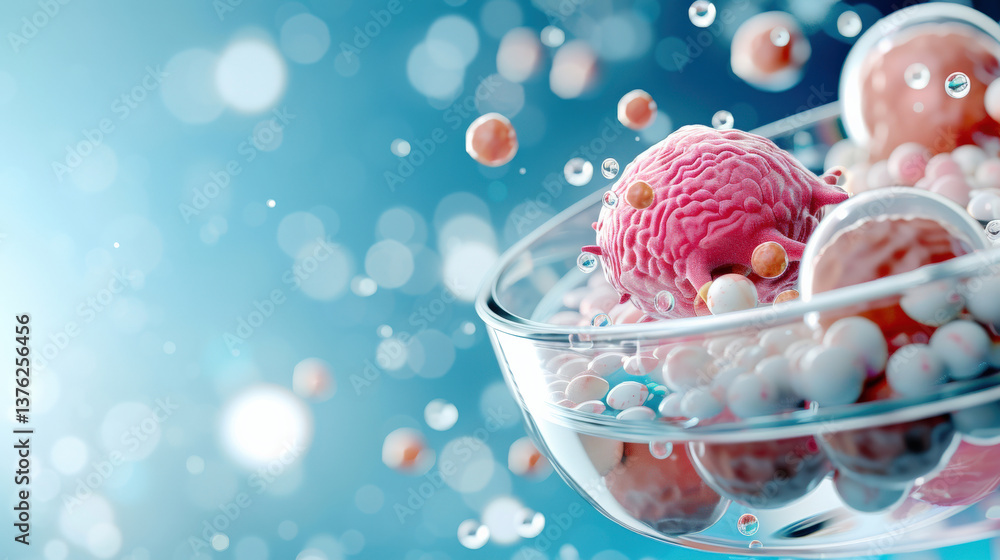 Poster close up of pink cell or embryo in early development, surrounded by various smaller cells and bubble