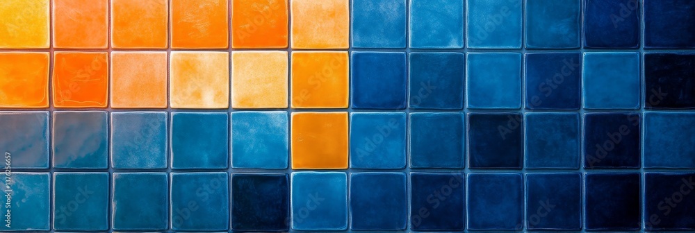 Poster vibrant tile mosaic - abstract of orange and blue square tiles creating a gradient effect. perfect f