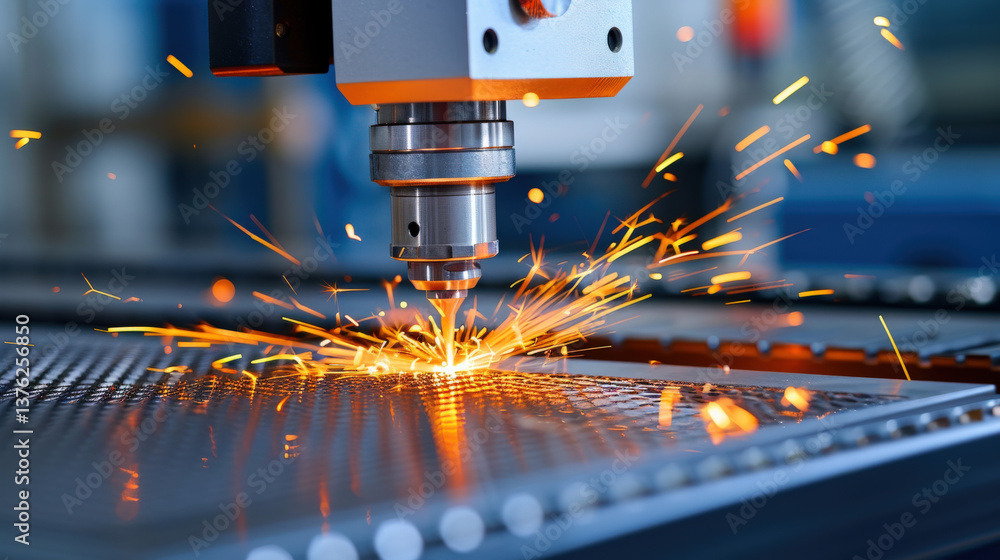 Poster close up of high precision cnc laser cutting machine in action, emitting bright sparks as it cuts th