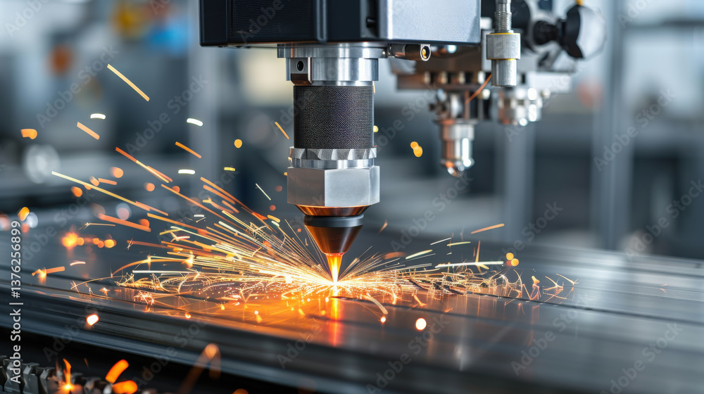 Aufkleber high precision cnc laser cutting machine emits bright sparks as it cuts through metal, showcasing ad