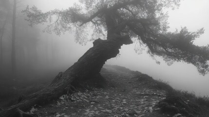Fototapeta premium Monochrome photo of a gnarled tree leaning over a path in a foggy forest.