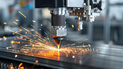 high precision CNC laser cutting machine emits bright sparks as it cuts through metal, showcasing advanced technology in modern industrial setting