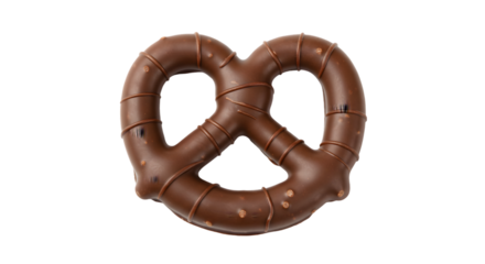 A close up shot of a chocolate covered pretzel on a black background in a studio setting
