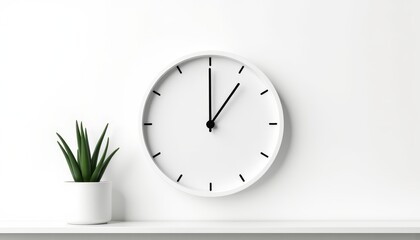 Minimalist white clock and green aloe plant on shelf, modern decor