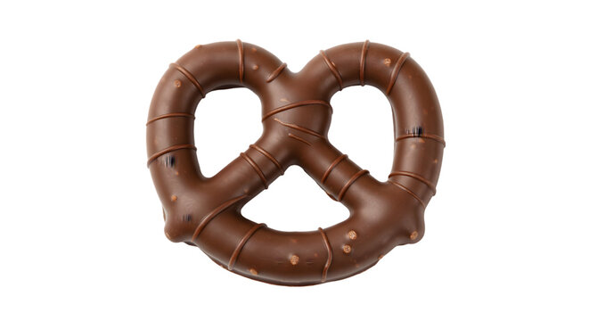 A close up shot of a chocolate covered pretzel on a black background in a studio setting