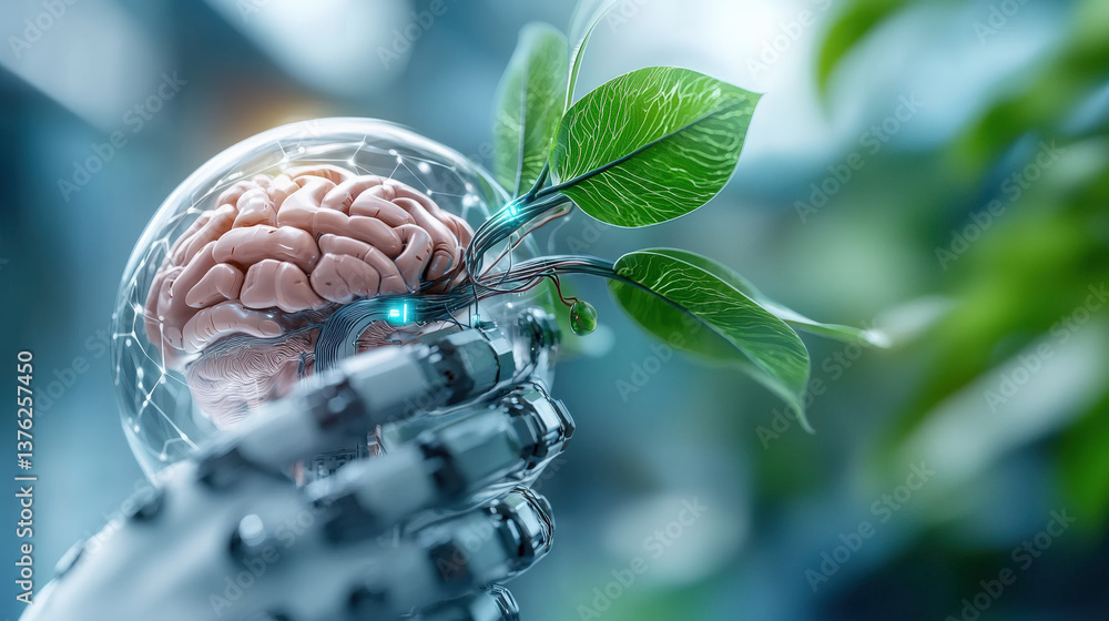 Poster robotic hand gently holds plant with visible brain, symbolizing fusion of nature and technology. sce