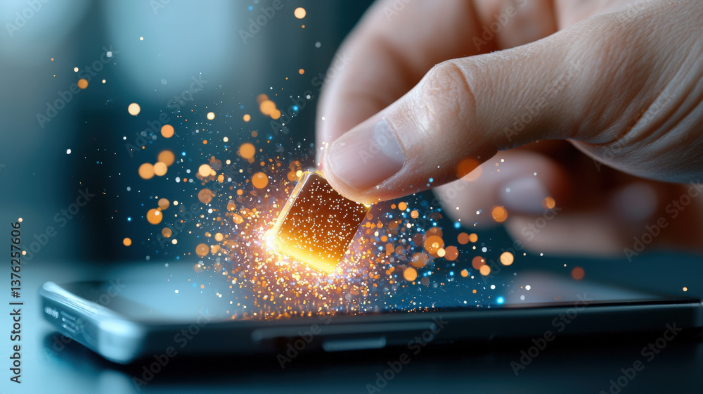 Leinwandbilder hand holding glowing digital chip above smartphone, symbolizing futuristic data breach concept with 