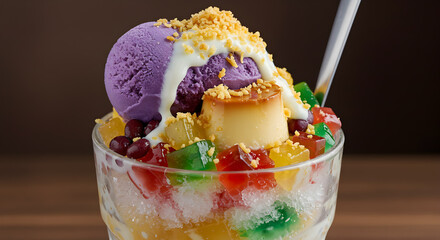 Exquisite Filipino Halo-Halo Dessert with Ube Ice Cream and Leche Flan in a Glass