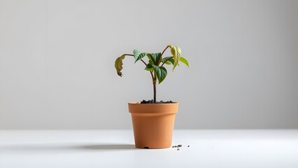Wilted houseplant in brown pot on white background, minimal style  