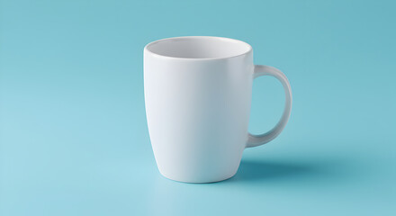 Obraz premium Simplicity in Still Life: A White Ceramic Mug on a Serene Pastel Blue Backdrop