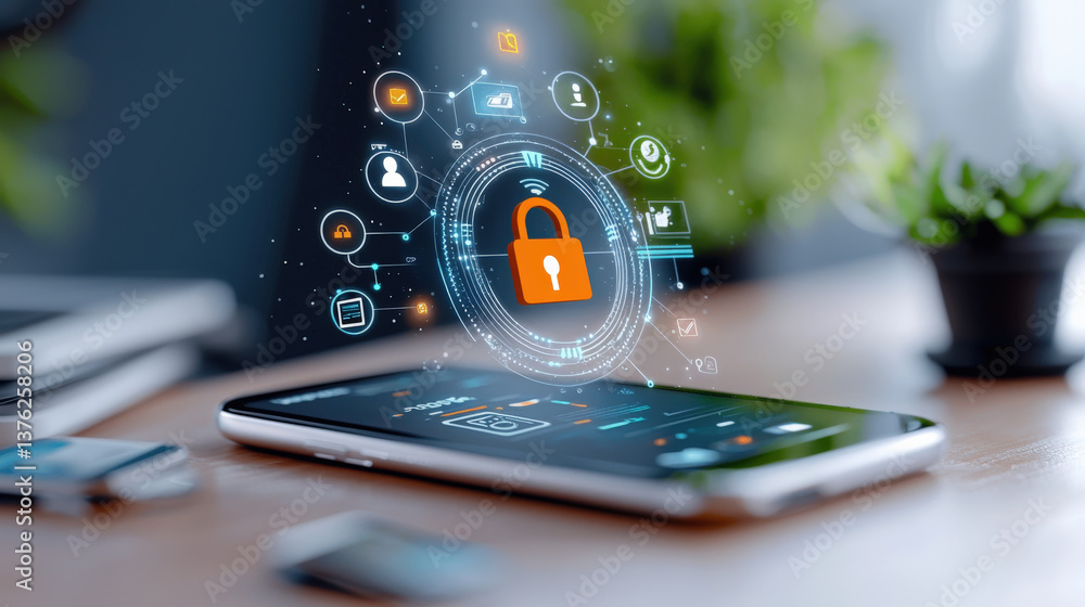 Aufkleber smartphone displays digital lock icon, symbolizing secure online transactions and data protection. futuristic interface includes floating icons representing encryption and connectivity