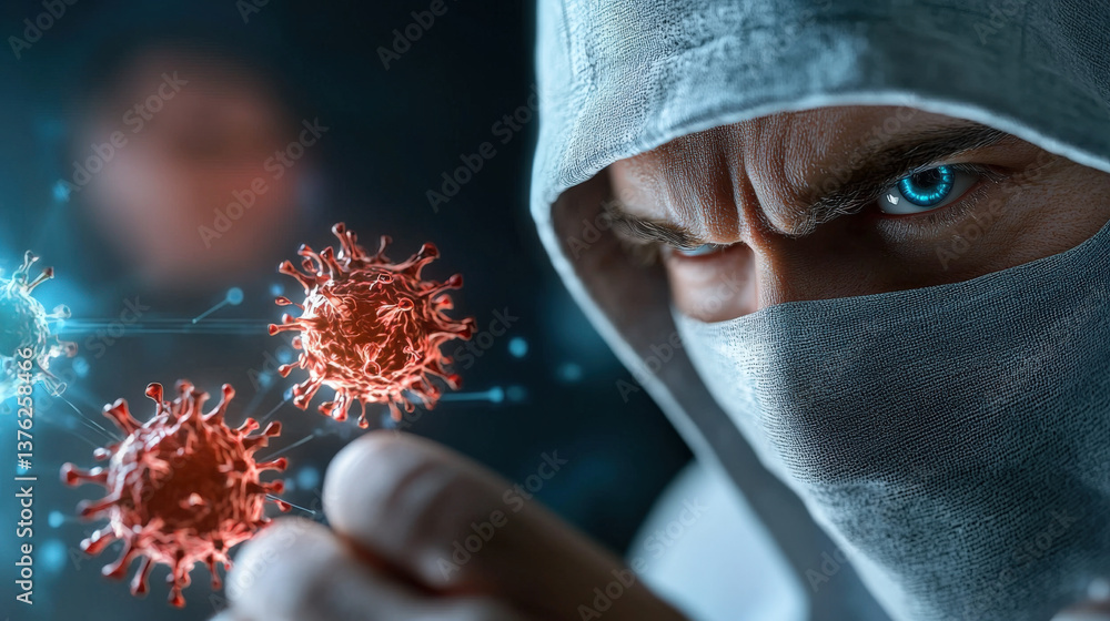 Poster mysterious figure in hooded cloak intensely examines digital virus models, symbolizing futuristic cy