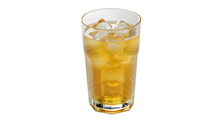 A clear glass filled with an amber liquid and ice cubes against a black background in a studio shot