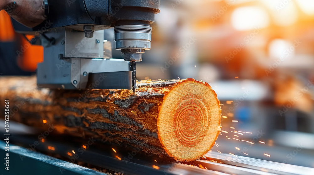 Aufkleber high tech wood processing machine cuts through log with precision, emitting sparks in modern industrial setting. scene captures efficiency and innovation in woodworking technology