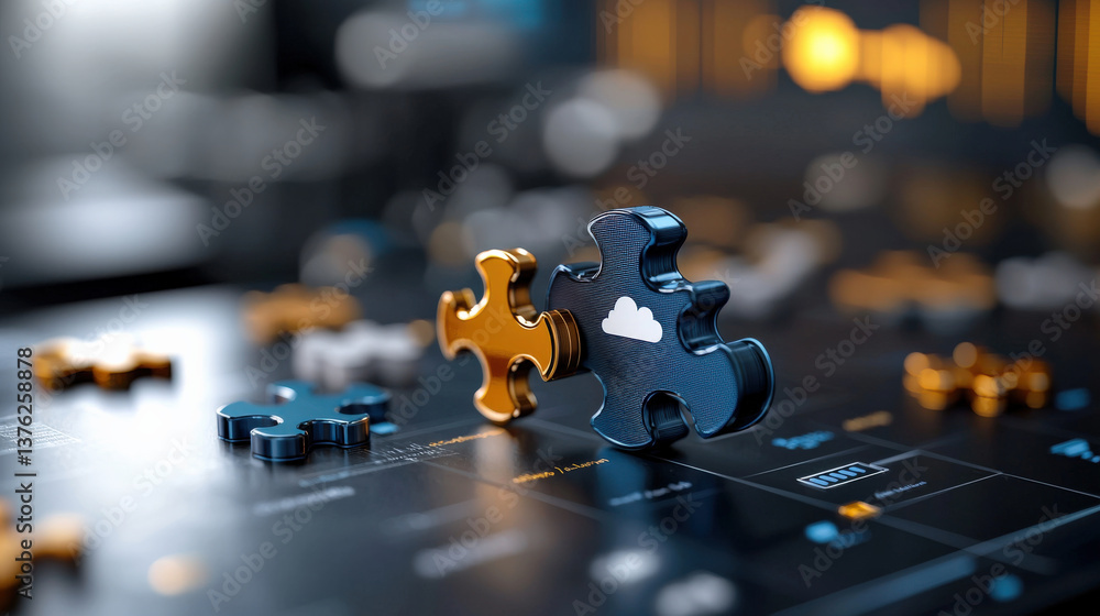 Poster close up of metallic puzzle pieces on digital strategy board, featuring cloud symbol, represents mod