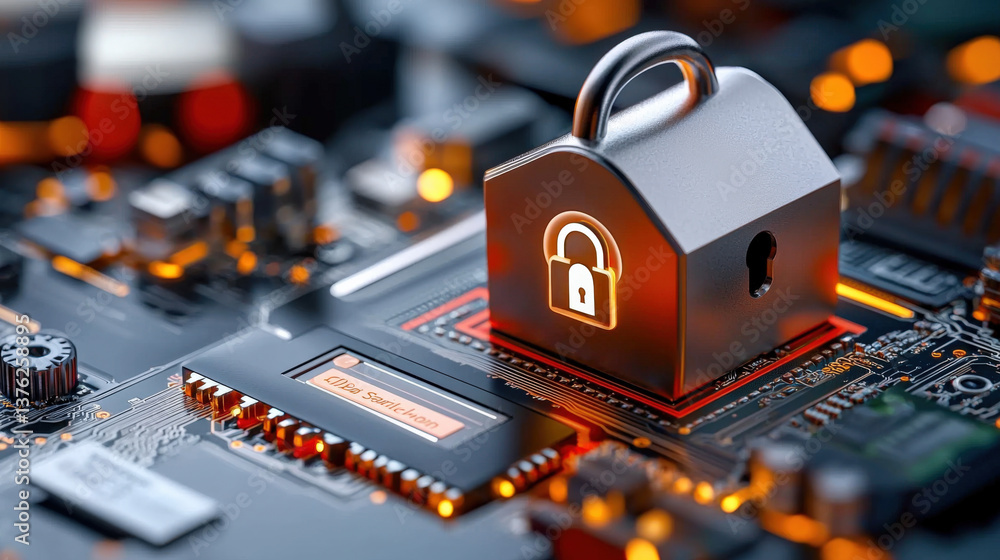 Aufkleber glowing lock symbol sits atop circuit board, representing cybersecurity and data protection in digital environment. image conveys sense of security and technological advancement