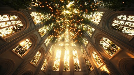 Obraz premium Enchanting sunlit sanctuary abandoned cathedral digital artwork ethereal atmosphere aerial perspective nature's embrace