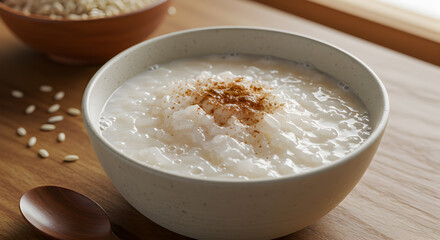 A bowl of sikhye a traditional Korean sweet rice drink garnished with cinnamon