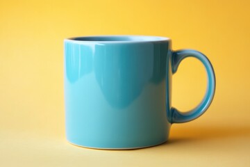A single teal mug is positioned against a vibrant yellow background