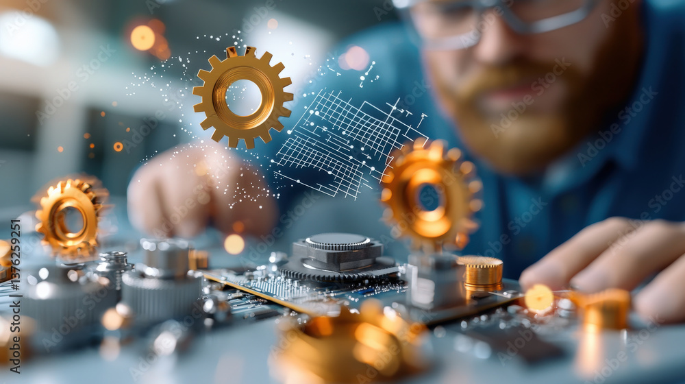 Poster person is focused on assembling complex 3d engineering project, featuring gears and digital blueprin