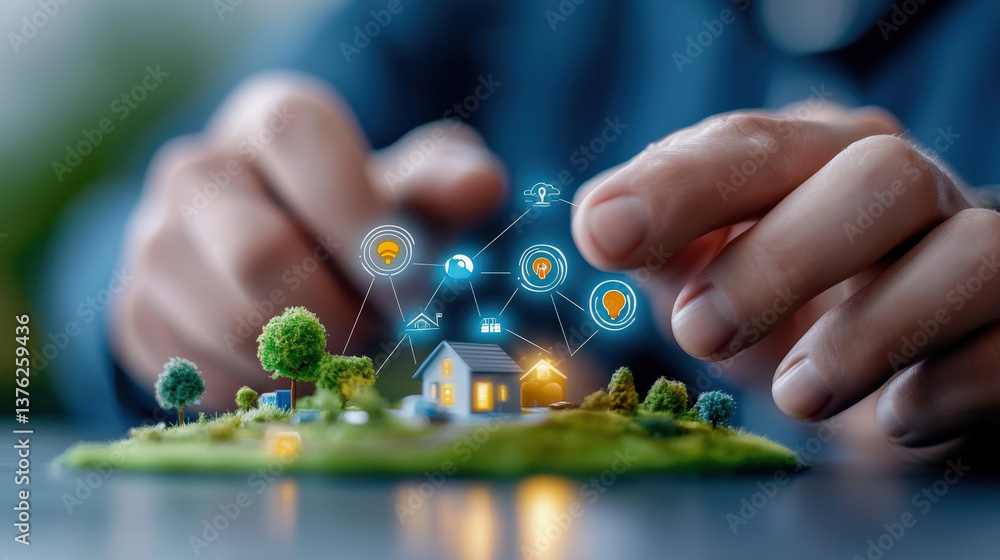 Aufkleber miniature landscape with house and trees is surrounded by digital icons representing clean energy and technology, symbolizing smart, sustainable future