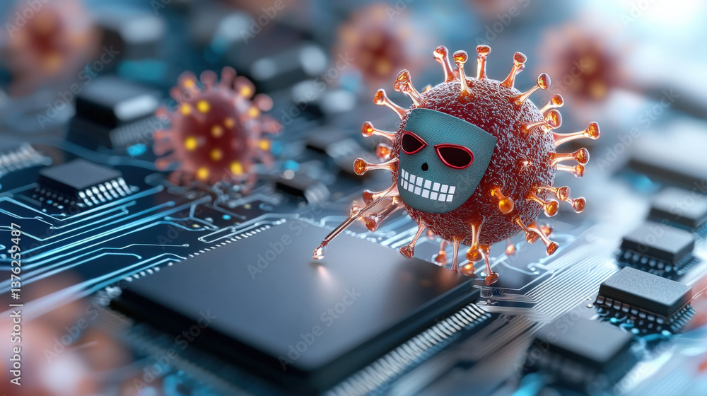Poster playful 3d virus entity with bandit mask is injecting code into computer chip, symbolizing cyber thr