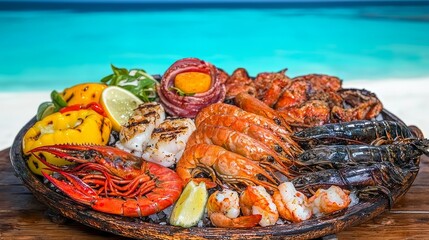 Delicious Seafood Platter with Grilled Shrimp, Lobster, and Fresh Vegetables on Beach