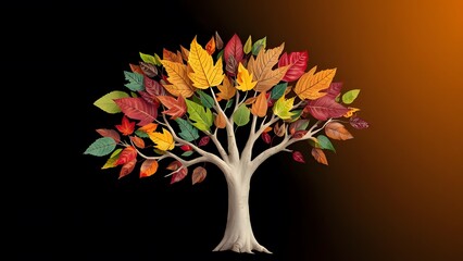 Colorful artistic tree with vibrant autumn leaves on gradient black and orange background for seasonal design.  
