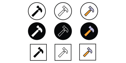Hammer icon set. Outlined, black and color hammer sign collection. Construction, building, worker, worker day special equipment vector illustration.