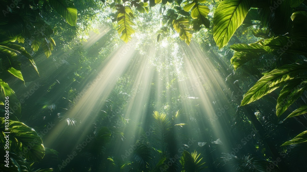 Poster lush green canopy with sunlight filtering through, creating an ethereal atmosphere in a dense forest
