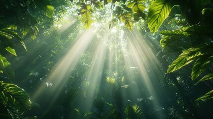 Obraz premium Lush green canopy with sunlight filtering through, creating an ethereal atmosphere in a dense forest.