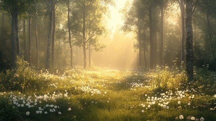 A serene forest path illuminated by soft sunlight, adorned with blooming flowers and lush greenery, creating a peaceful, enchanting atmosphere.