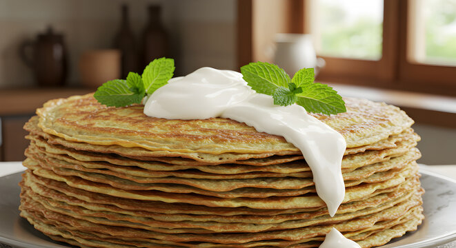 Delicious flija stack with creamy topping and fresh mint, perfect breakfast treat