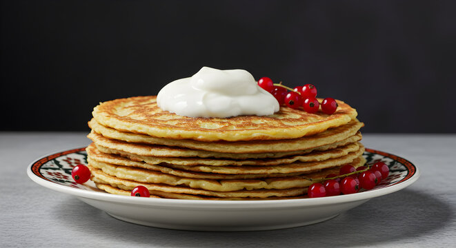 Traditional kosovan flija layered pancake stacked high topped with creamy goodness