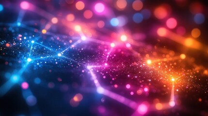 Obraz premium Abstract glowing network with colorful particles and bokeh lights.