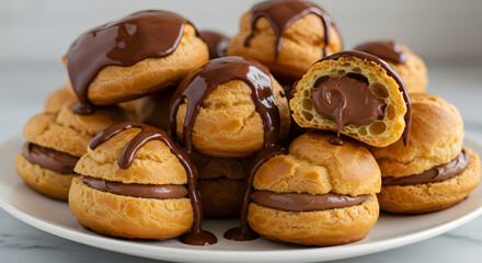 Delicious milk chocolate profiteroles cascading with rich, glossy ganache topping