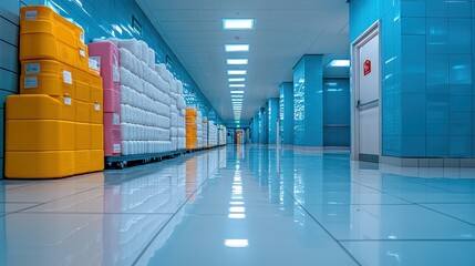 A clean, brightly lit corridor lined with colorful storage containers in a facility