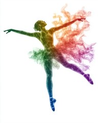 Fototapeta premium International Dance Day. illustration of A minimalist ballet dancer silhouette mid-leap, with flowing pastel-colored ribbons trailing behind, symbolizing grace, movement, and expression 
