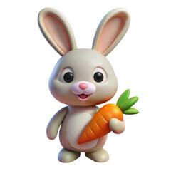 Obraz premium A cheerful cartoon rabbit holds a bright orange carrot, featuring large expressive eyes and a friendly smile, illustration of 3d rendering. 
