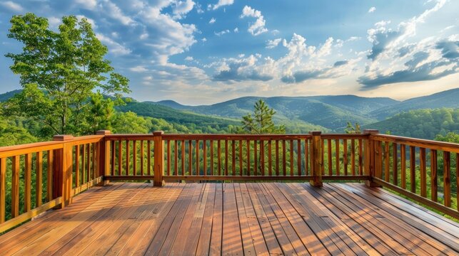 Wooden deck of a mountain retreat with stunning views of the surrounding forest