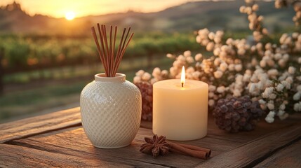 Obraz premium Scented reeds diffuser, candle, cinnamon, star anise, pine cones, flowers on wooden table at sunset.